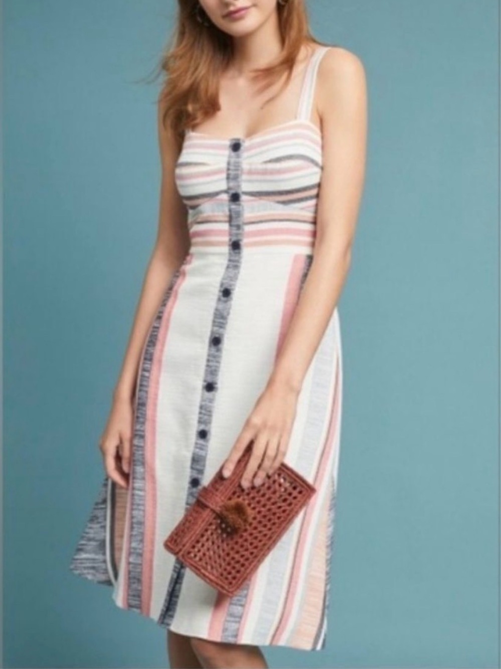 Anthropologie Hutch Cream, Pink and Blue Striped Button-Front Midi Dress